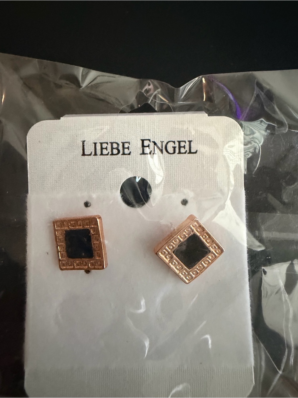 Rose Gold Square Stud Earrings with Black Center Accent